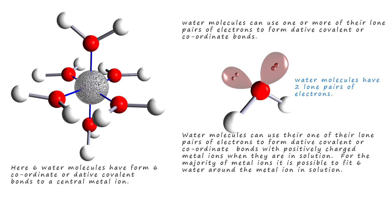 Water molecules forming a hydrated complex by surrounding a metal ion in solution.  3d model showing the hydrated metal ion.